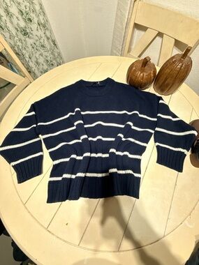 Jenni Kayne Navy and White Striped Crewneck Sweater